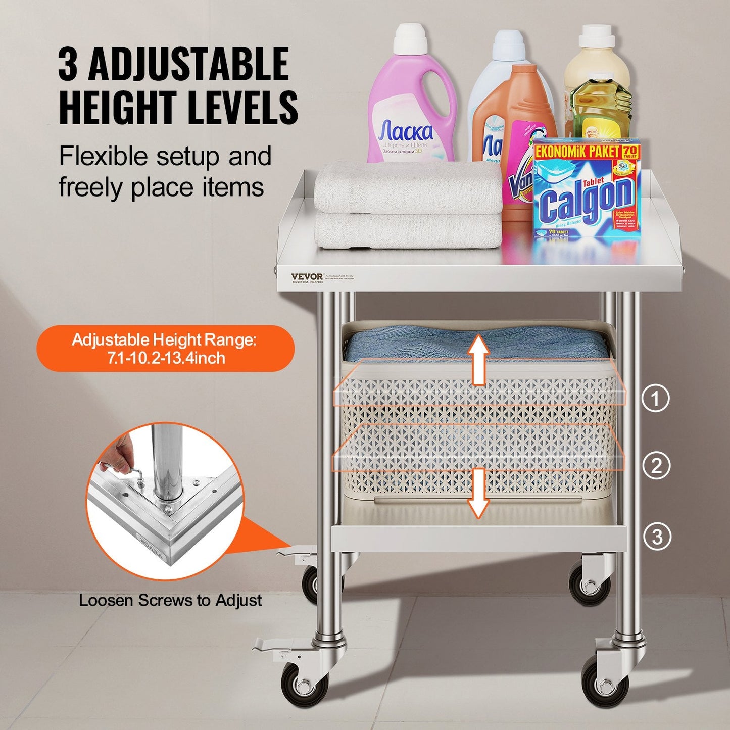 Stainless Steel Food Prep Table with Wheels, 0.6 x 0.6 x 0.76 m, for Kitchen Use