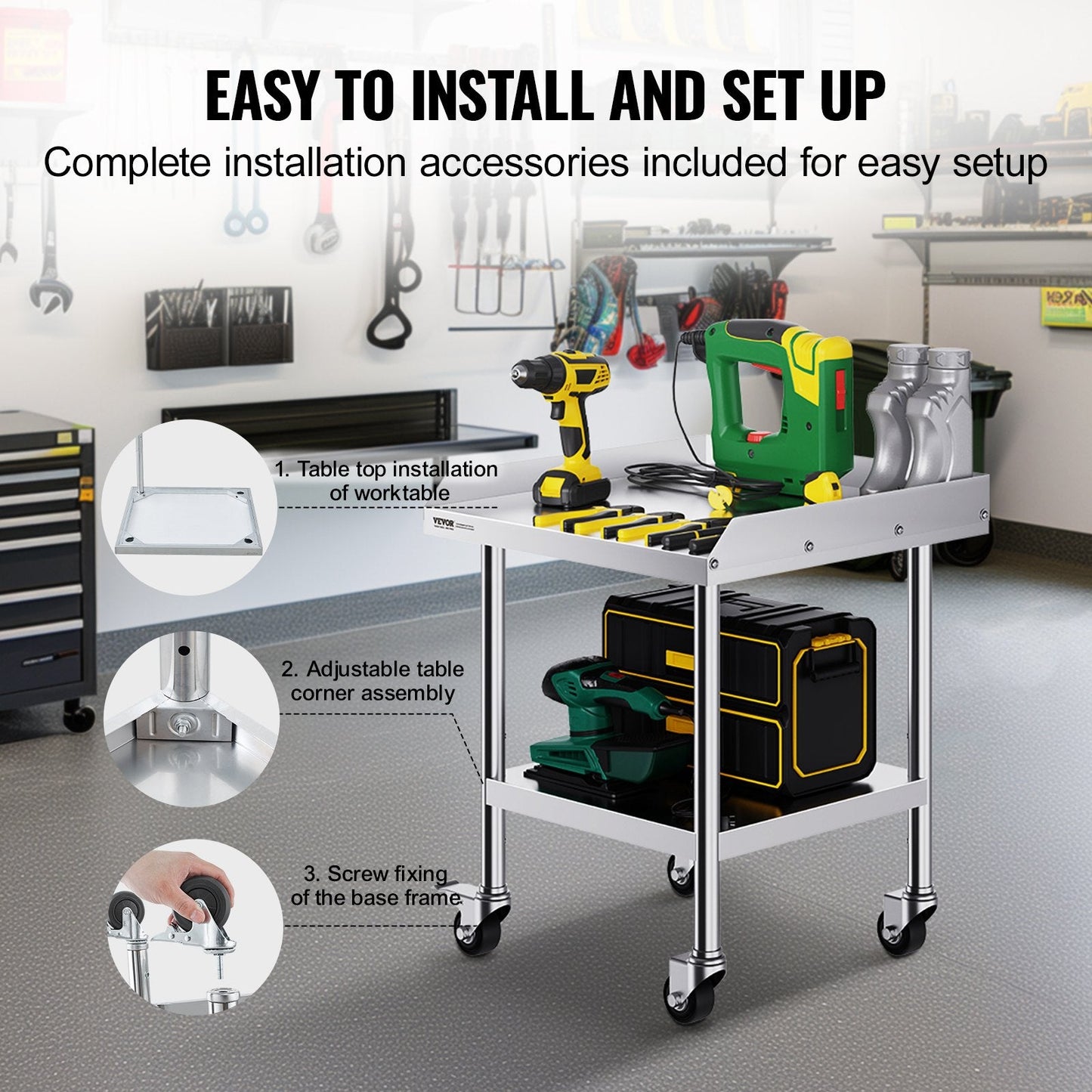 Stainless Steel Food Prep Table with Wheels, 0.6 x 0.6 x 0.76 m, for Kitchen Use