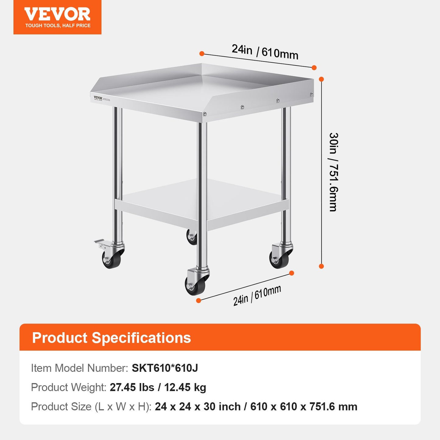 VEVOR Stainless Steel Work Table, 24 x 24 x 30 Inch Commercial Food Prep Worktable