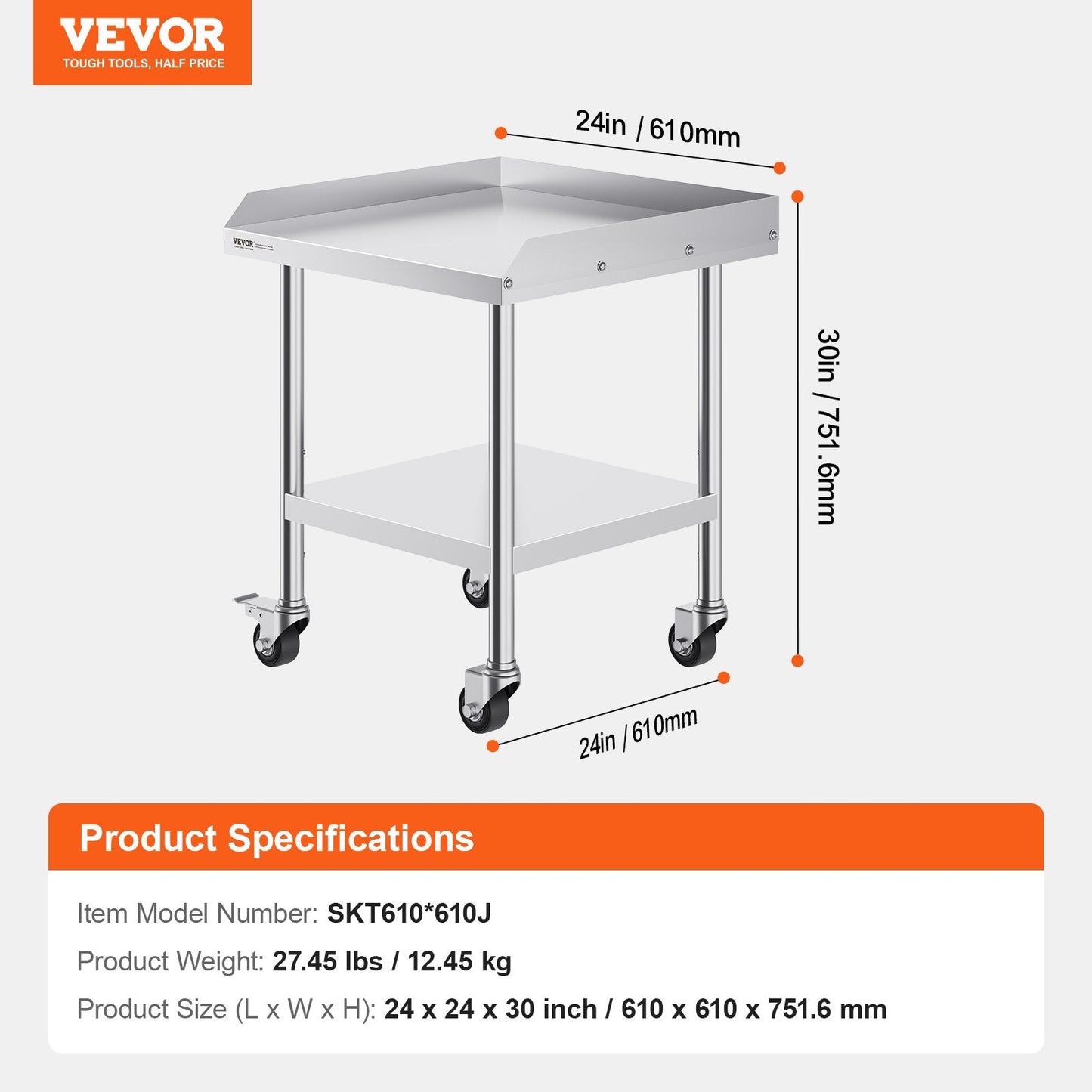 Stainless Steel Food Prep Table with Wheels, 0.6 x 0.6 x 0.76 m, for Kitchen Use