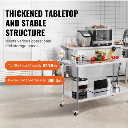 Stainless Steel Prep Table with Casters, 0.76 x 1.52 m, Height Adjustable