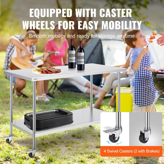 Stainless Steel Prep Table with Casters, 0.76 x 1.52 m, Height Adjustable