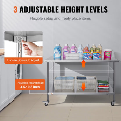 VEVOR Stainless Steel Work Table Commercial Prep Table 30x60 Inch With 4 Casters
