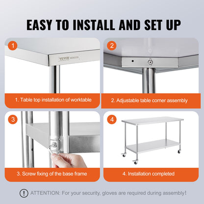 VEVOR Stainless Steel Work Table Commercial Prep Table 30x60 Inch With 4 Casters
