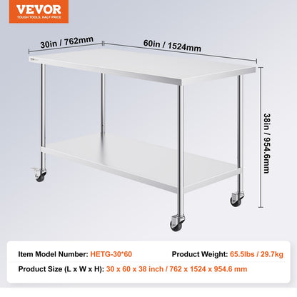 Stainless Steel Prep Table with Casters, 0.76 x 1.52 m, Height Adjustable