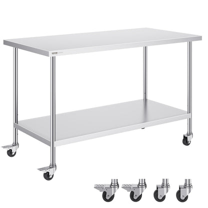 Stainless Steel Prep Table with Casters, 0.76 x 1.52 m, Height Adjustable