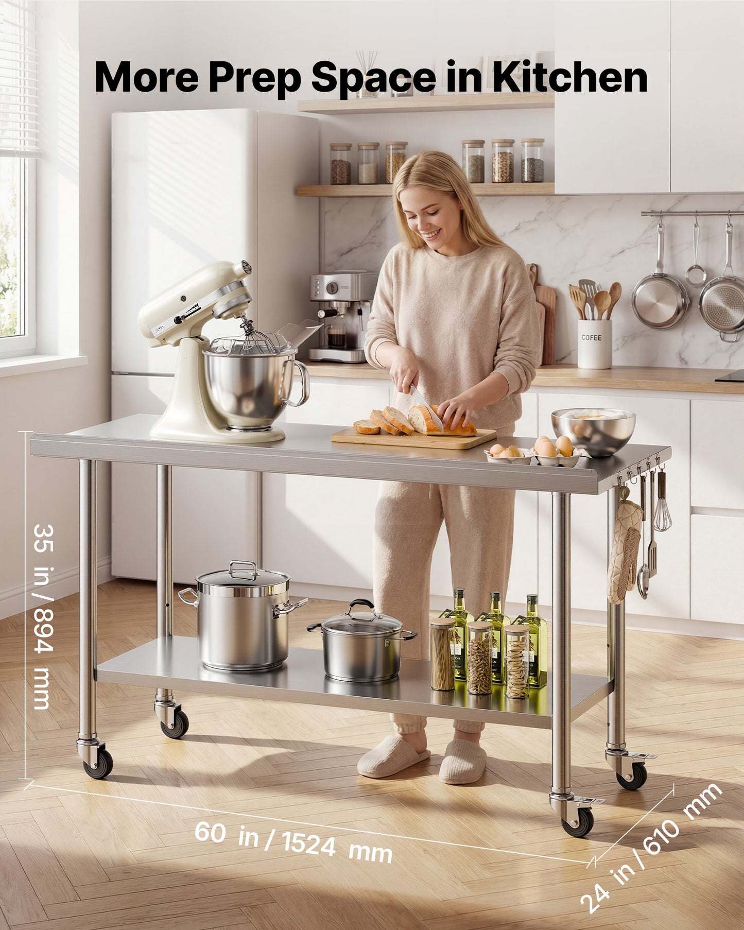 Stainless Steel Work Table, 61x152 cm inch Food Prep Table with Wheels and Backsplash, Commercial Kitchen Workstation with Adjustable Undershelf, Metal Utility Worktable, for Restaurant Outdoor