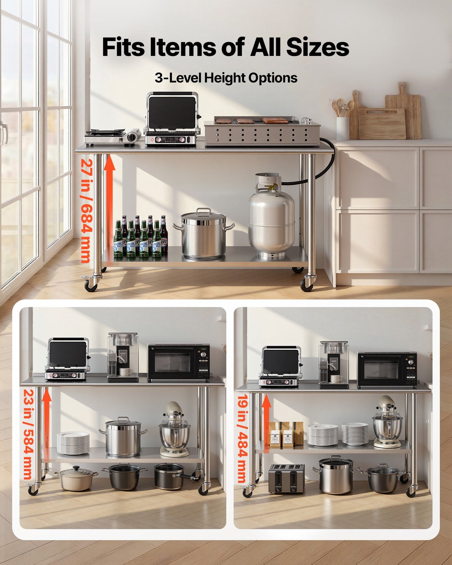 Stainless Steel Work Table, 61x152 cm inch Food Prep Table with Wheels and Backsplash, Commercial Kitchen Workstation with Adjustable Undershelf, Metal Utility Worktable, for Restaurant Outdoor