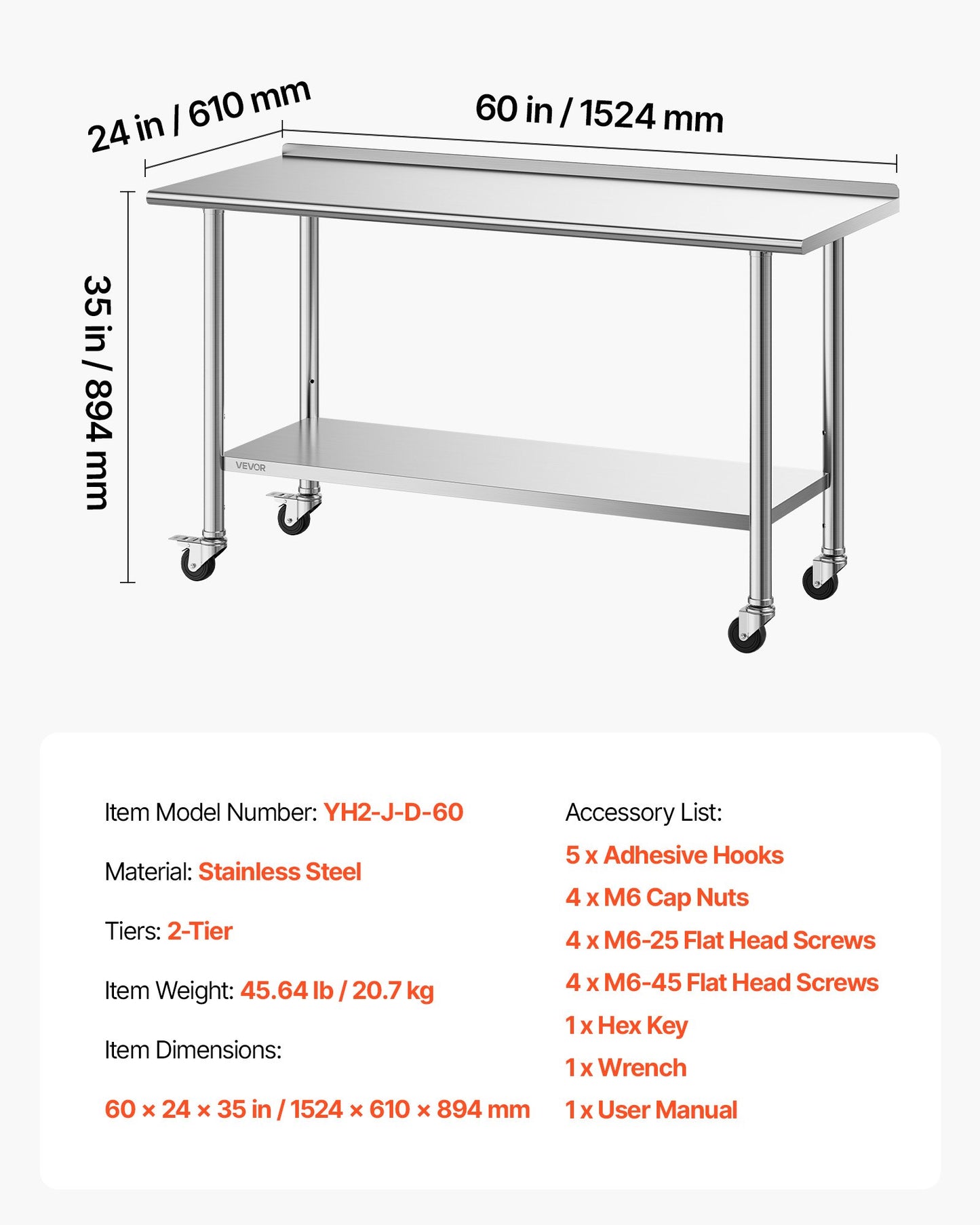 Stainless Steel Work Table, 61x152 cm inch Food Prep Table with Wheels and Backsplash, Commercial Kitchen Workstation with Adjustable Undershelf, Metal Utility Worktable, for Restaurant Outdoor