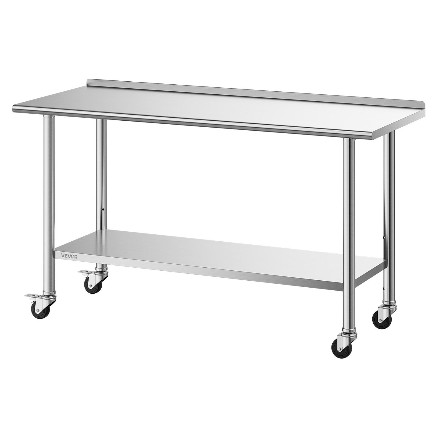 Stainless Steel Work Table, 61x152 cm inch Food Prep Table with Wheels and Backsplash, Commercial Kitchen Workstation with Adjustable Undershelf, Metal Utility Worktable, for Restaurant Outdoor