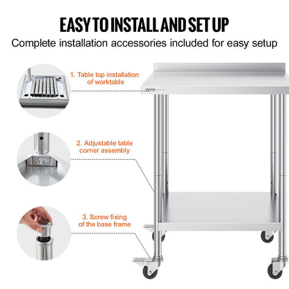 Stainless Steel Work Table with Casters, Adjustable Height, 0.61 x 0.76 x 1.01m