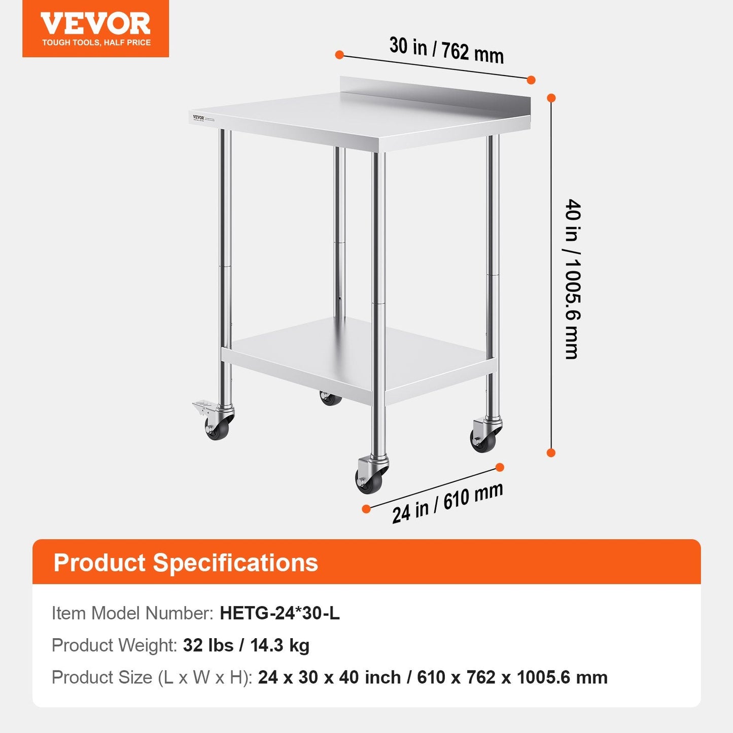 Stainless Steel Work Table with Casters, Adjustable Height, 0.61 x 0.76 x 1.01m