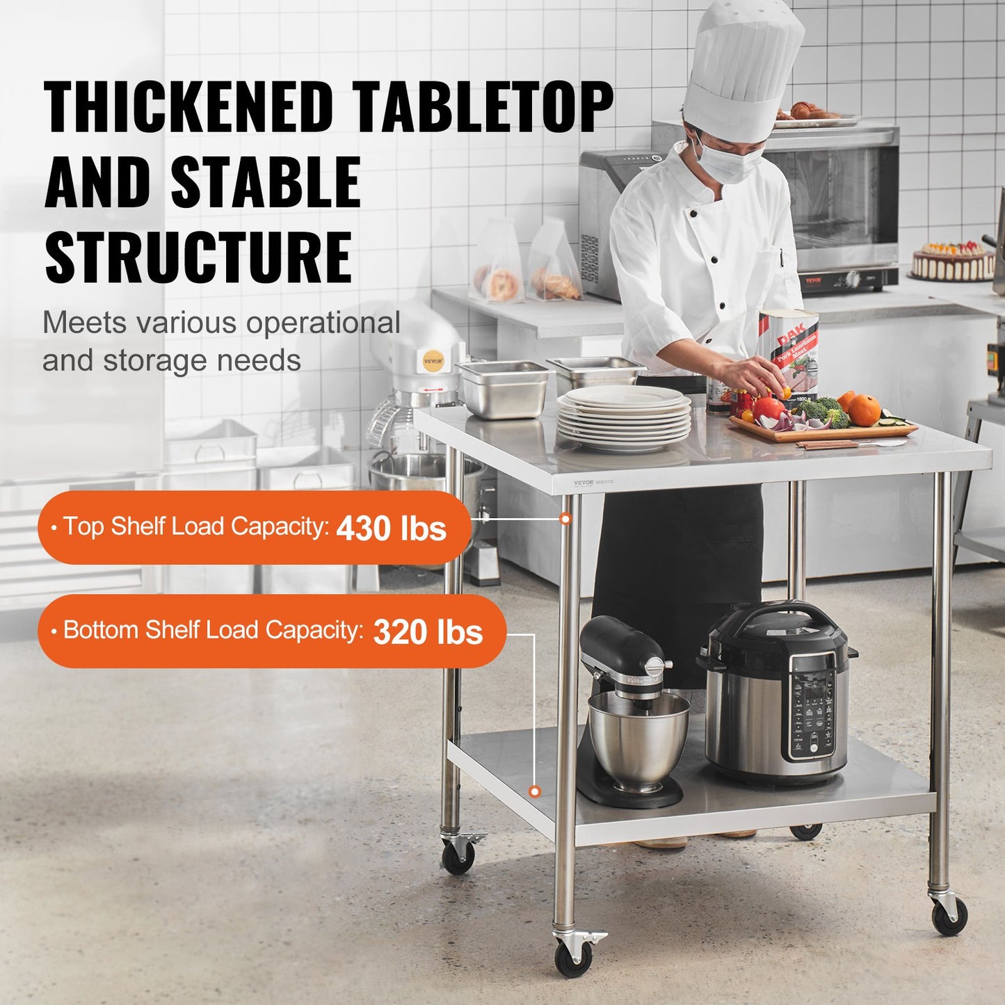 VEVOR Stainless Steel Work Table 24 x 36 x 38 Inch, with 4 Wheels, 3 Adjustable