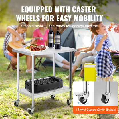 VEVOR Stainless Steel Work Table 24 x 36 x 38 Inch, with 4 Wheels, 3 Adjustable