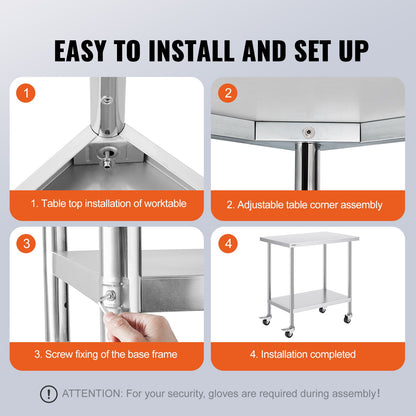 VEVOR Stainless Steel Work Table 24 x 36 x 38 Inch, with 4 Wheels, 3 Adjustable