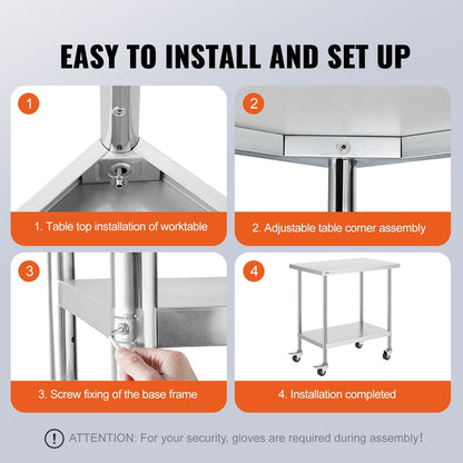 Stainless Steel Work Table 0.61 x 0.91 x 0.96m with Wheels, Adjustable Heights