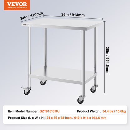 VEVOR Stainless Steel Work Table 24 x 36 x 38 Inch, with 4 Wheels, 3 Adjustable