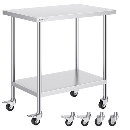 VEVOR Stainless Steel Work Table 24 x 36 x 38 Inch, with 4 Wheels, 3 Adjustable