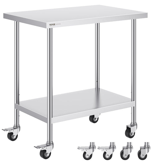 VEVOR Stainless Steel Work Table 24 x 36 x 38 Inch, with 4 Wheels, 3 Adjustable