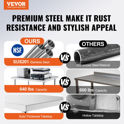 VEVOR Stainless Steel Work Table 24 x 18 x 38 Inch, with 4 Wheels, 3 Adjustable