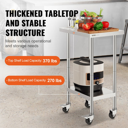 VEVOR Stainless Steel Work Table 24 x 18 x 38 Inch, with 4 Wheels, 3 Adjustable
