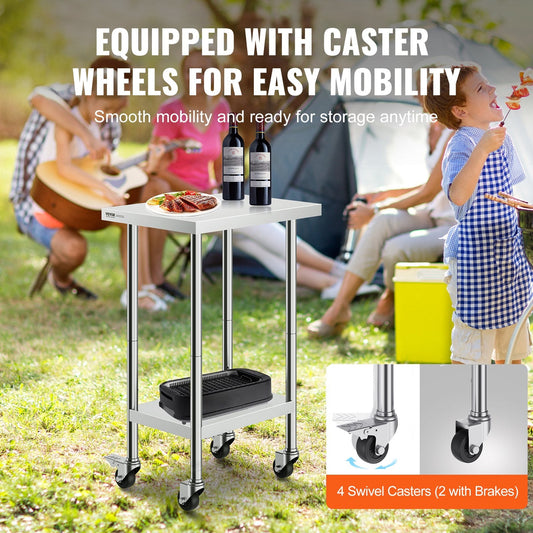 Stainless Steel Work Table with Wheels, Adjustable, 0.61 x 0.46 x 0.95 m