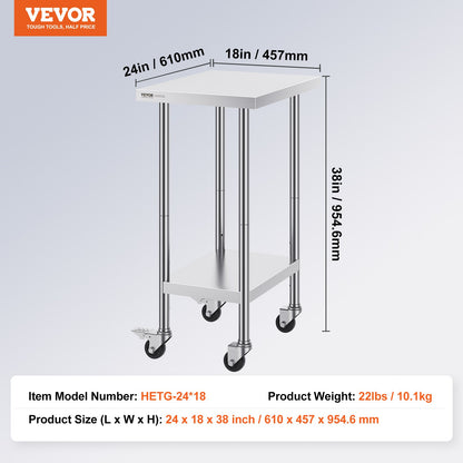 VEVOR Stainless Steel Work Table 24 x 18 x 38 Inch, with 4 Wheels, 3 Adjustable