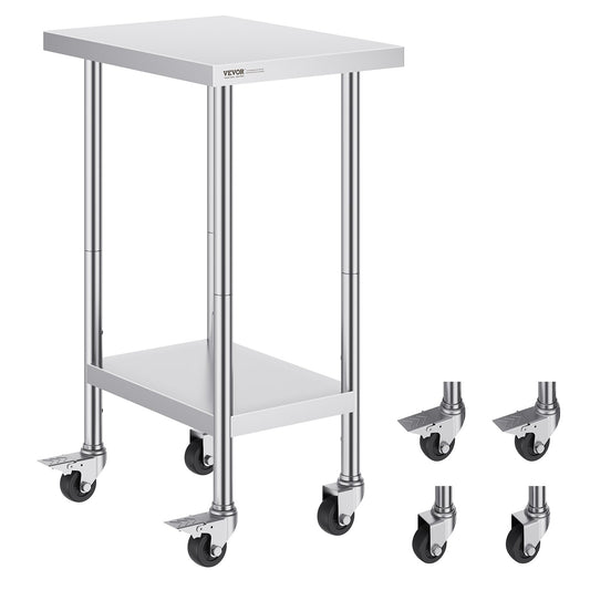 VEVOR Stainless Steel Work Table 24 x 18 x 38 Inch, with 4 Wheels, 3 Adjustable