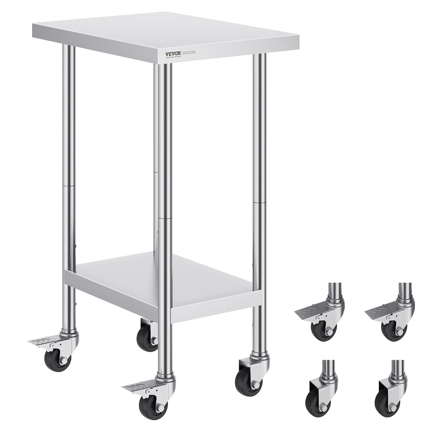 Stainless Steel Work Table with Wheels, Adjustable, 0.61 x 0.46 x 0.95 m