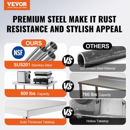 VEVOR Stainless Steel Work Table 24 x 48 x 38 Inch, with 4 Wheels, 3 Adjustable