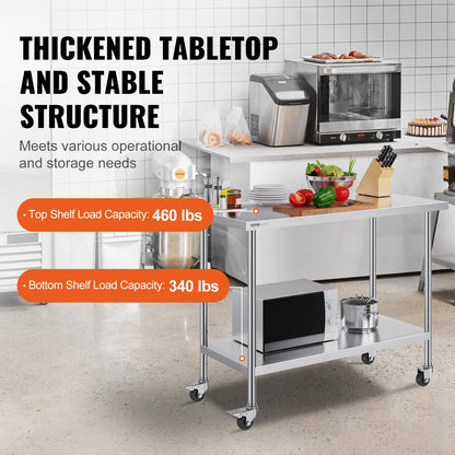 VEVOR Stainless Steel Work Table 24 x 48 x 38 Inch, with 4 Wheels, 3 Adjustable