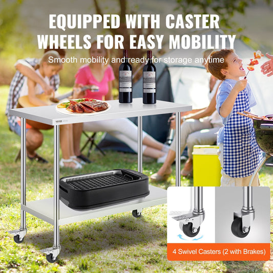 Stainless Steel Worktable with Wheels, Adjustable Height, 0.61 x 1.22 x 0.95m