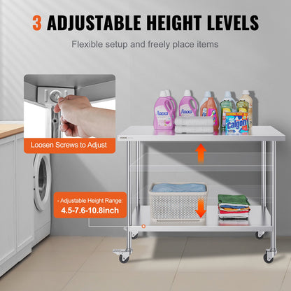 VEVOR Stainless Steel Work Table 24 x 48 x 38 Inch, with 4 Wheels, 3 Adjustable