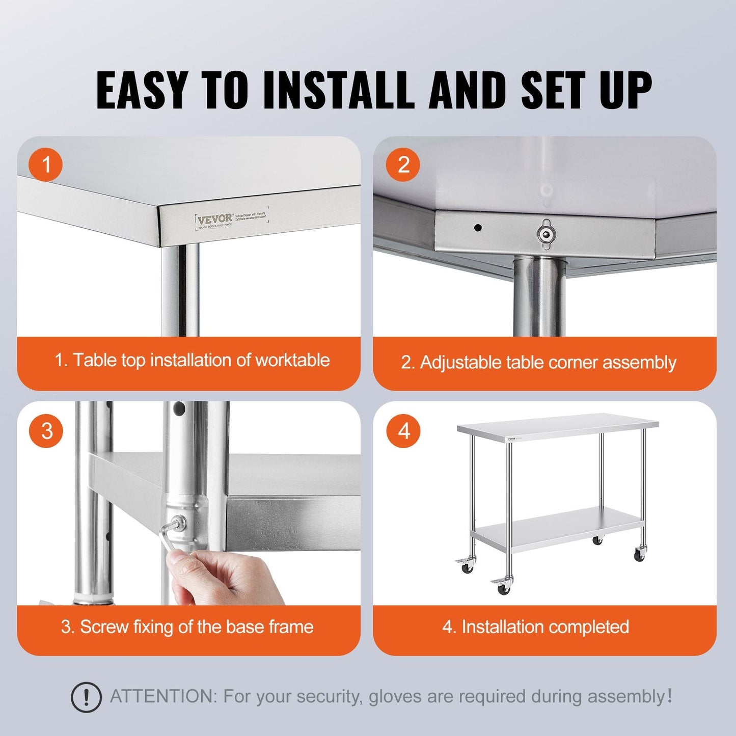 Stainless Steel Worktable with Wheels, Adjustable Height, 0.61 x 1.22 x 0.95m
