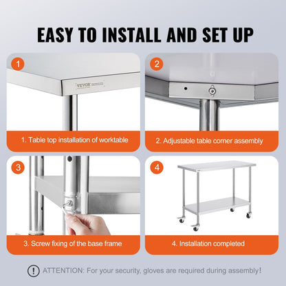 Stainless Steel Worktable with Wheels, Adjustable Height, 0.61 x 1.22 x 0.95m