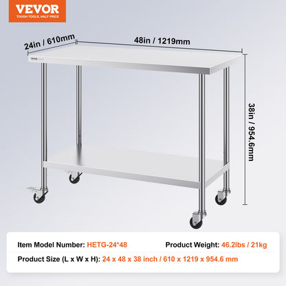 VEVOR Stainless Steel Work Table 24 x 48 x 38 Inch, with 4 Wheels, 3 Adjustable