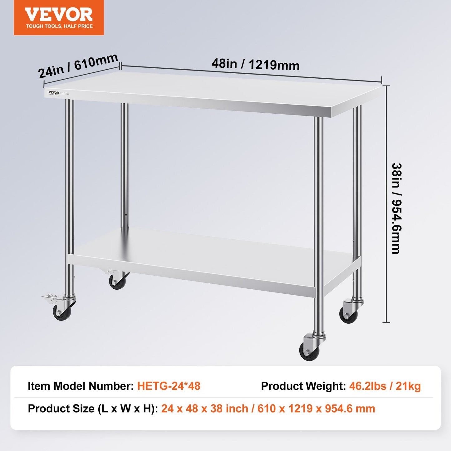 Stainless Steel Worktable with Wheels, Adjustable Height, 0.61 x 1.22 x 0.95m