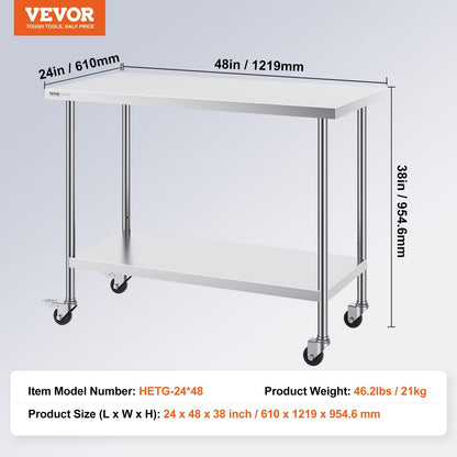 Stainless Steel Worktable with Wheels, Adjustable Height, 0.61 x 1.22 x 0.95m
