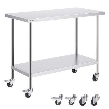 VEVOR Stainless Steel Work Table 24 x 48 x 38 Inch, with 4 Wheels, 3 Adjustable