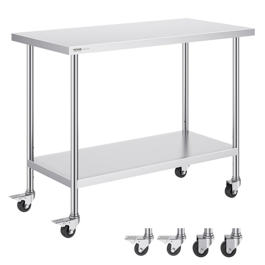 VEVOR Stainless Steel Work Table 24 x 48 x 38 Inch, with 4 Wheels, 3 Adjustable