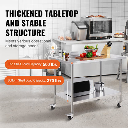 VEVOR Stainless Steel Work Table 30 x 48 x 38 Inch, with 4 Wheels, 3 Adjustable