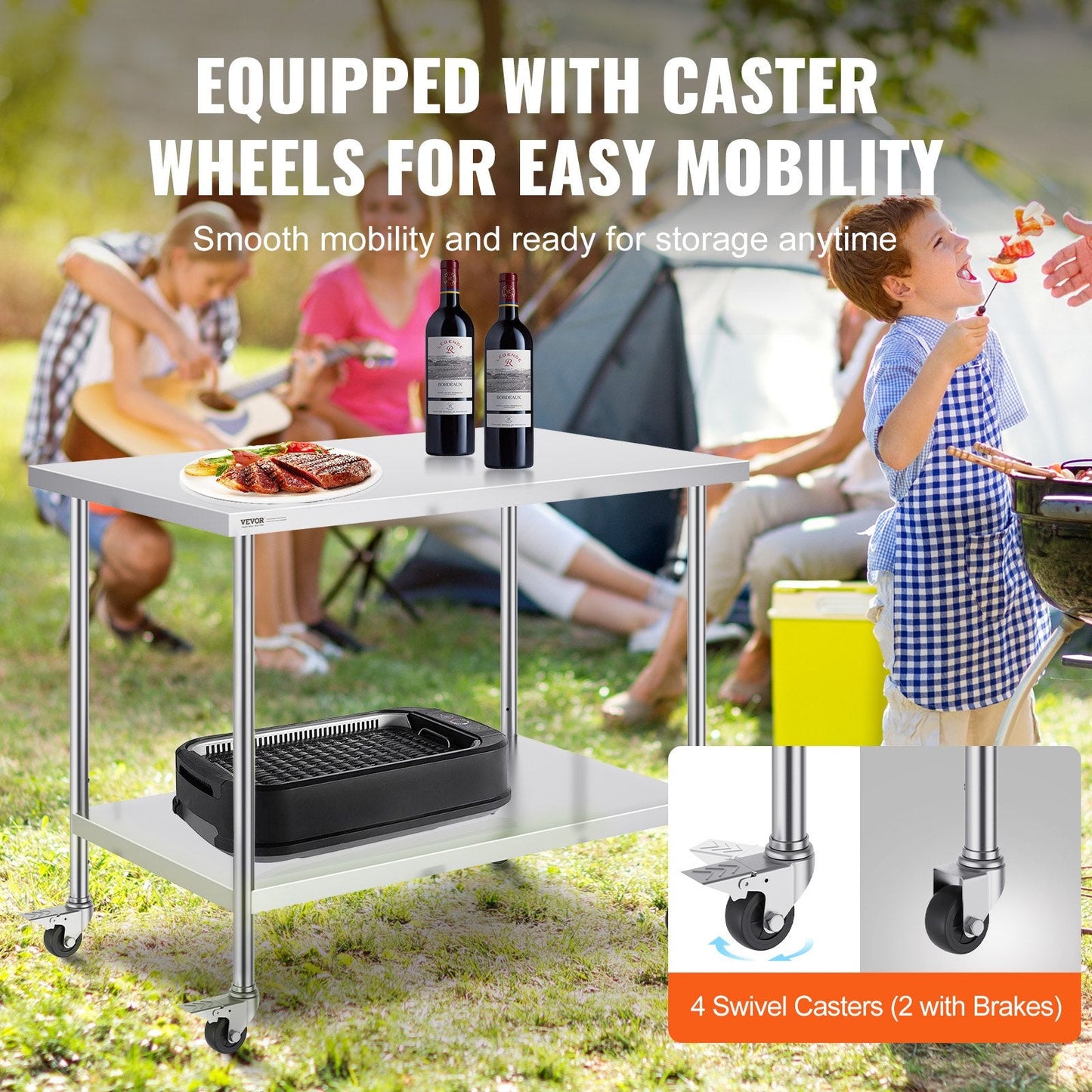 Stainless Steel Work Table with Wheels, Adjustable Height for Kitchen Use, 0.76 x 1.22 x 0.97 m