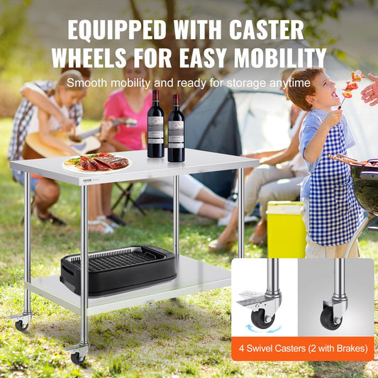 Stainless Steel Work Table with Wheels, Adjustable Height for Kitchen Use, 0.76 x 1.22 x 0.97 m