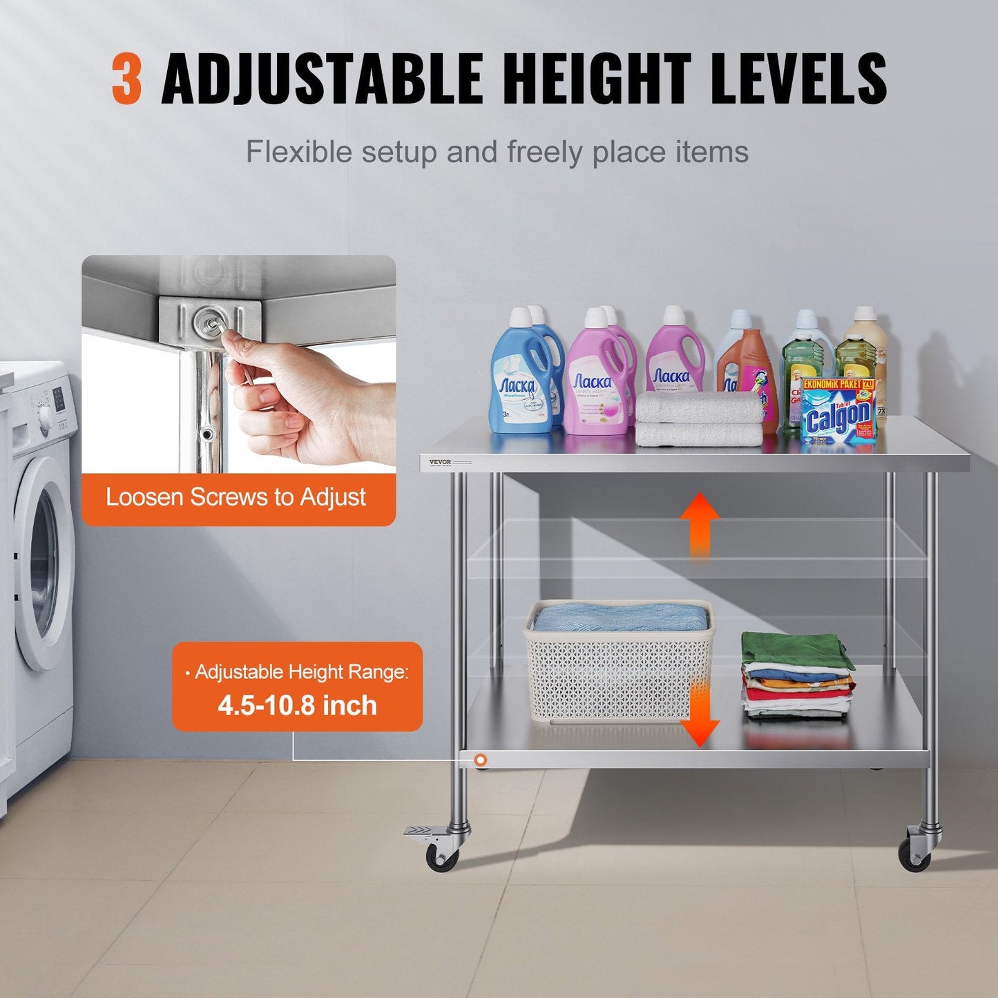 Stainless Steel Work Table with Wheels, Adjustable Height for Kitchen Use, 0.76 x 1.22 x 0.97 m