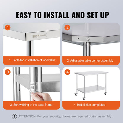 VEVOR Stainless Steel Work Table 30 x 48 x 38 Inch, with 4 Wheels, 3 Adjustable