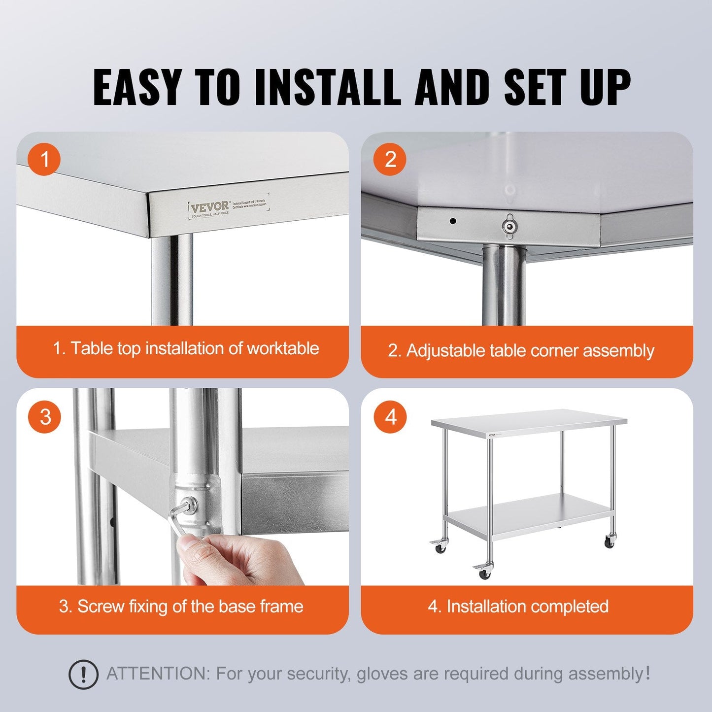 Stainless Steel Work Table with Wheels, Adjustable Height for Kitchen Use, 0.76 x 1.22 x 0.97 m
