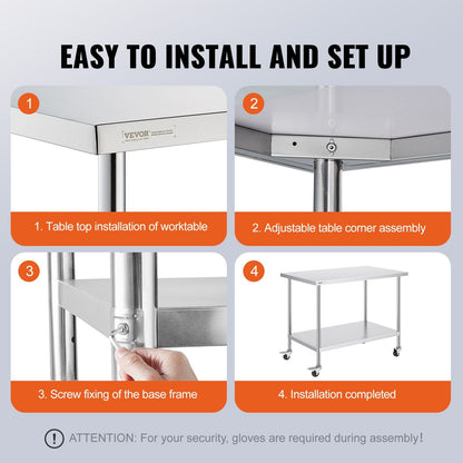 Stainless Steel Work Table with Wheels, Adjustable Height for Kitchen Use, 0.76 x 1.22 x 0.97 m