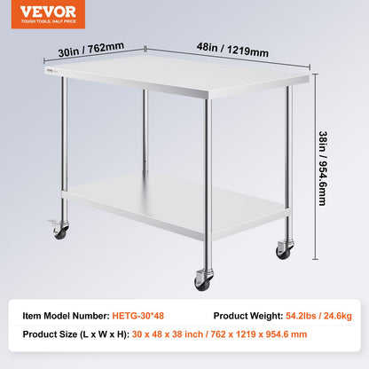 VEVOR Stainless Steel Work Table 30 x 48 x 38 Inch, with 4 Wheels, 3 Adjustable