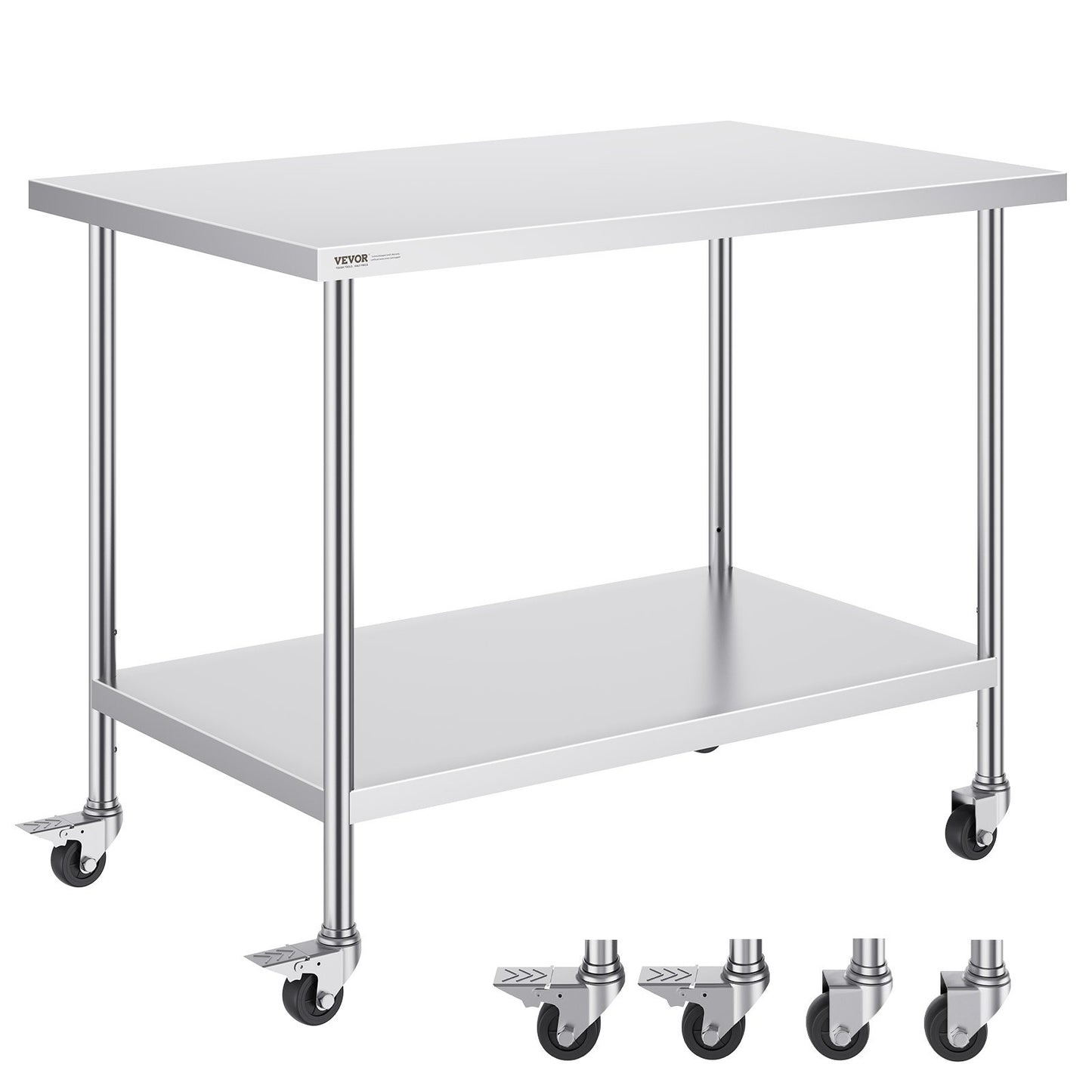 VEVOR Stainless Steel Work Table 30 x 48 x 38 Inch, with 4 Wheels, 3 Adjustable