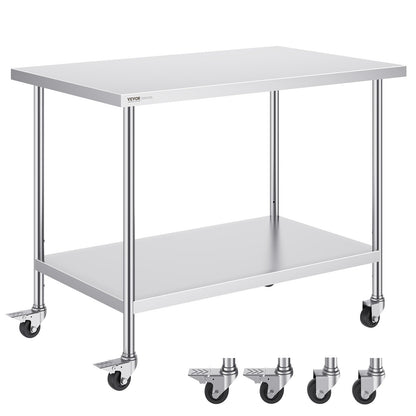 VEVOR Stainless Steel Work Table 30 x 48 x 38 Inch, with 4 Wheels, 3 Adjustable